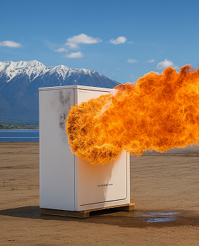 White rectangular container with a large flame emerging from it against a mountainous landscape.