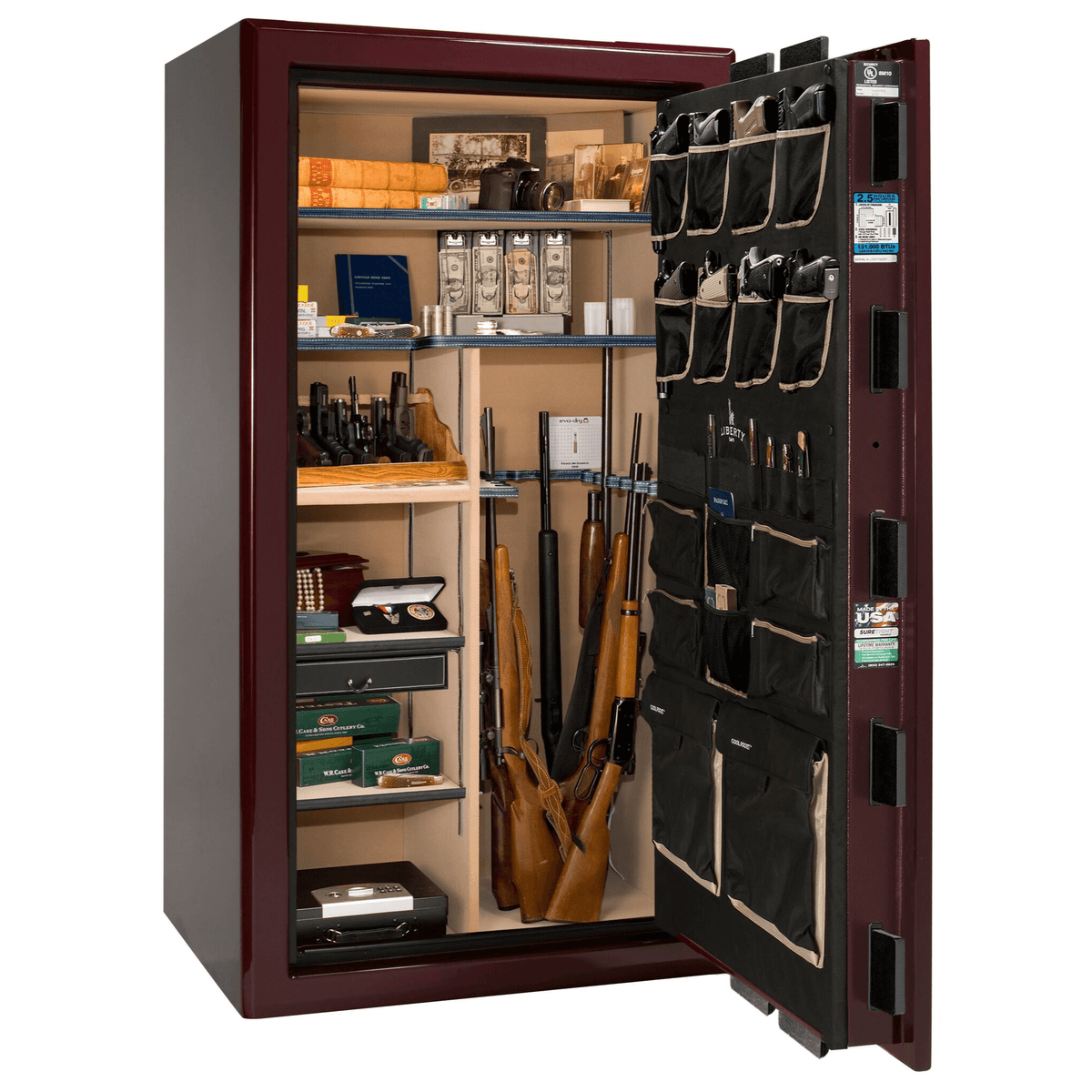 Presidential Series | Level 8 Security | 2.5 Hours Fire Protection | 40 | Dimensions: 66.5"(H) x 36.25"(W) x 27.75"(D*) | Burgundy Gloss | Gold Hardware | Electronic Lock