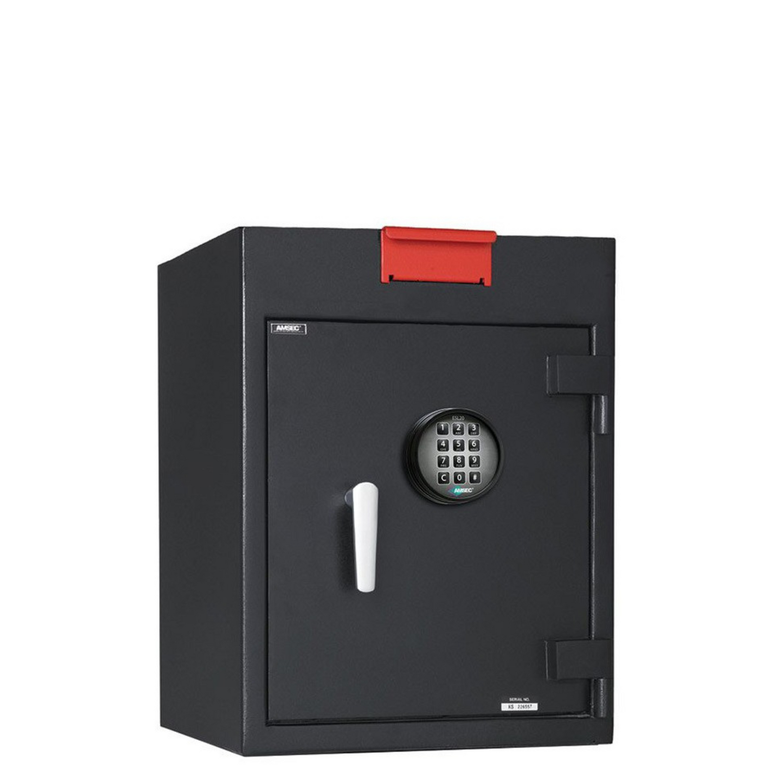 AMSEC RMM Money Manager safe with electronic keypad lock, convenient deposit slot, and sturdy black construction ideal for cash management.