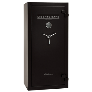 Black Liberty Safe Centurion DLX model with a combination lock and a handle on the front door.