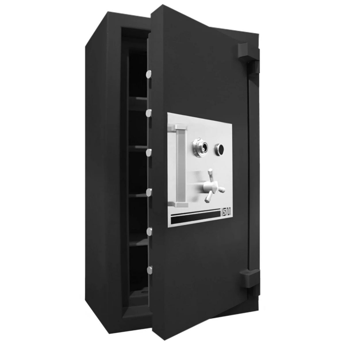 ISM Super Treasury Emerald Series TL-30x6 safe with a black cast body and polished silver door panel, shown open to reveal adjustable interior shelving for high-risk asset storage.