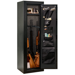 Liberty Safe Centurion 18 electronic lock gun safe open, revealing a dual-flex interior, door-mounted storage, and a 30-minute fire rating label.