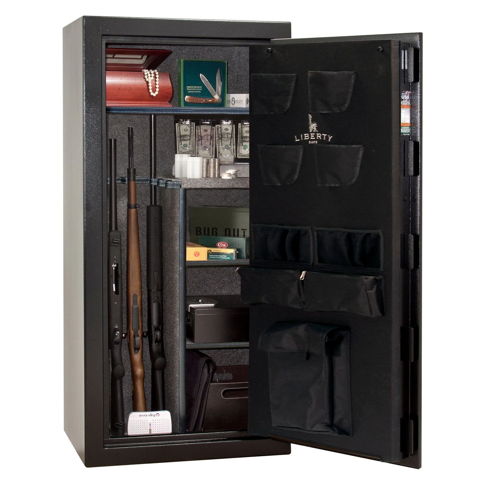 Black Liberty Safe Centurion DLX model with a combination lock and a handle on the front door.