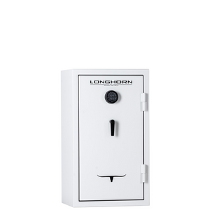 Rhino Longhorn LGX4224 safe in a white gloss finish, door closed, showcasing a sleek home/office safe design with SafeX® anti-pry security.