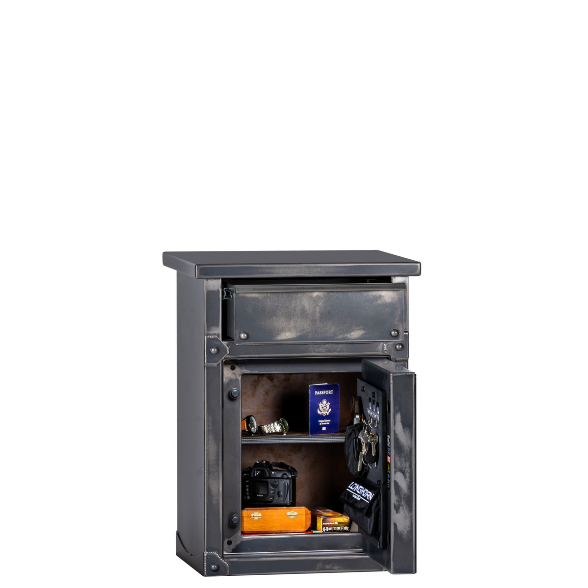 Rhino Longhorn LNX2620 home safe, door open, revealing a secure interior, built-in drawer, and SafeX® anti-pry technology.