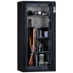 Rhino Metals Falcon 6028 gun safe open with a Distressed Flag door, revealing an upholstered interior and adjustable shelves.