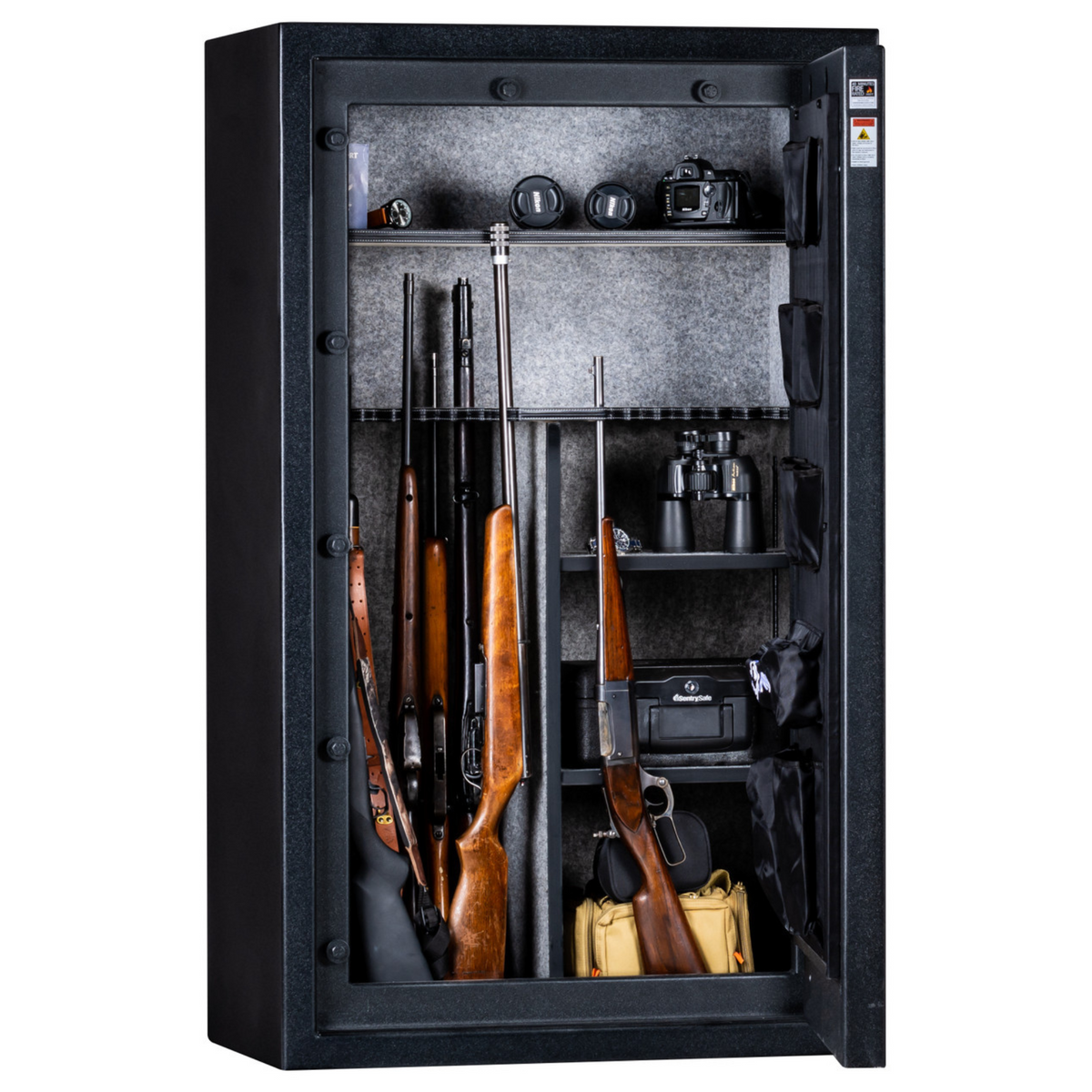 Rhino Metals Falcon 6033 gun safe open, displaying adjustable shelving, door organizer, and a Distressed Flag door.