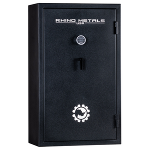 Rhino Metals Falcon 6033 gun safe closed, black powder-coat finish, featuring CA DOJ compliance and SafeX® anti-pry system.