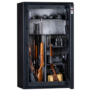 Rhino Metals Falcon 6033 gun safe open, revealing deluxe interior storage for firearms and valuables.