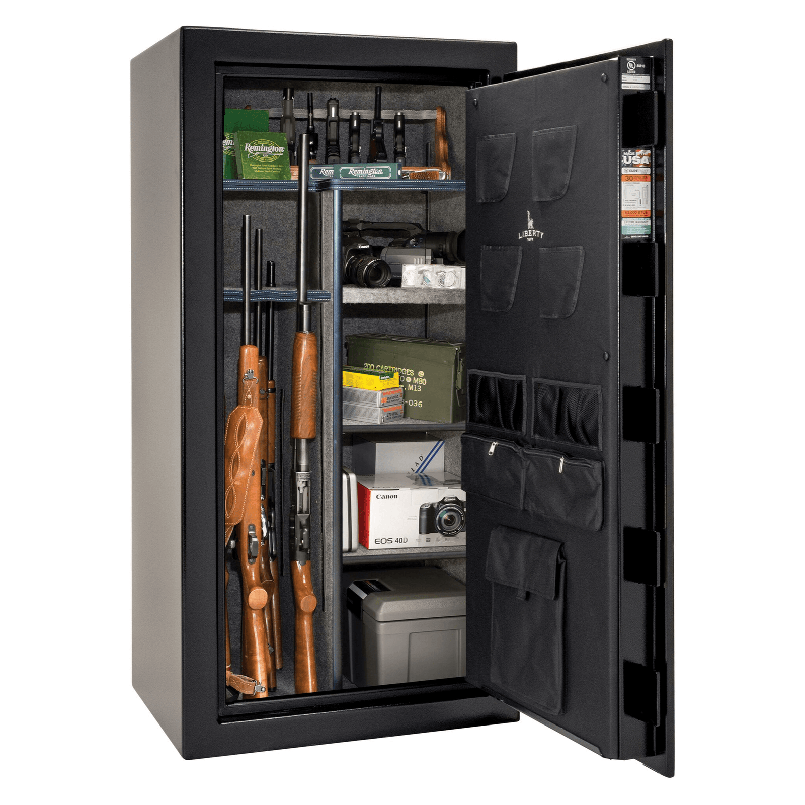 Liberty USA 30 gun safe in black finish, door closed, showcasing a compact yet sturdy design for up to 30 long guns.