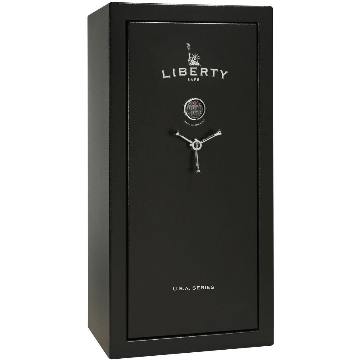 Liberty USA 30 gun safe in black finish, door closed, showcasing a compact yet sturdy design for up to 30 long guns.